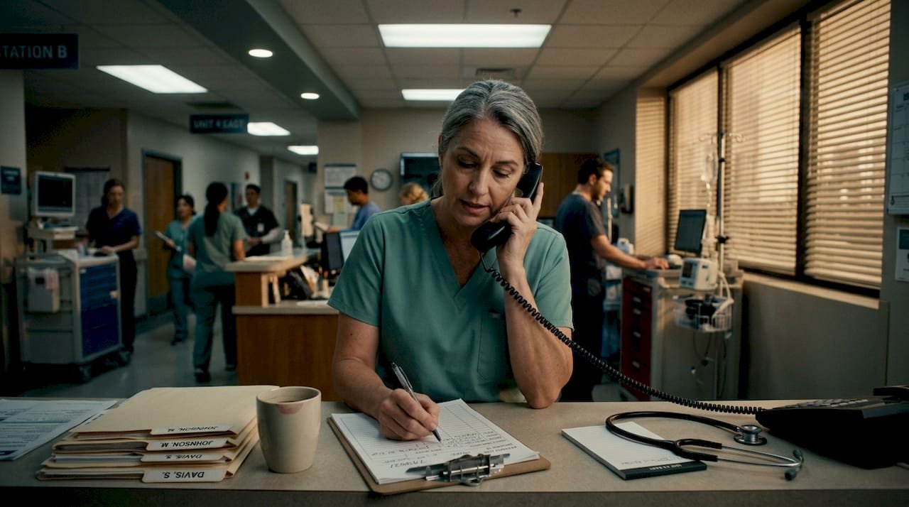 Nurse coordinating patient care at hospital desk