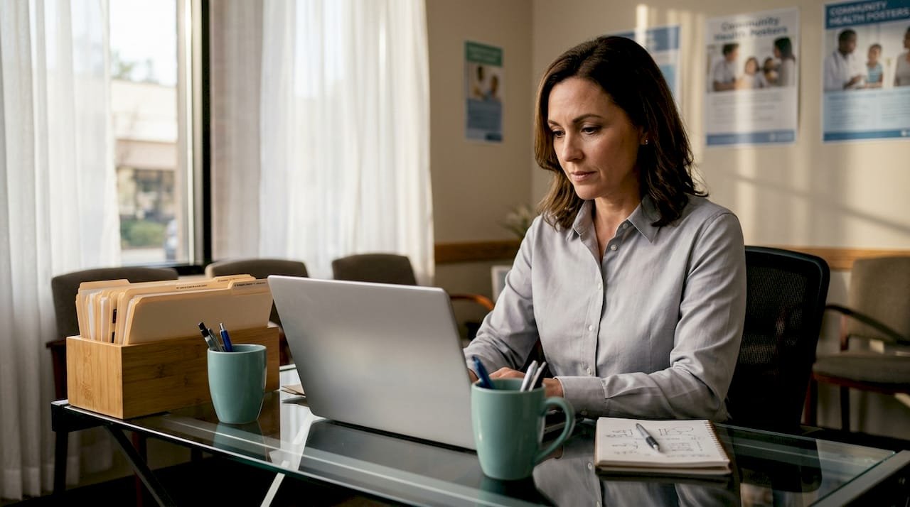 Healthcare professional reviewing patient referrals on computer