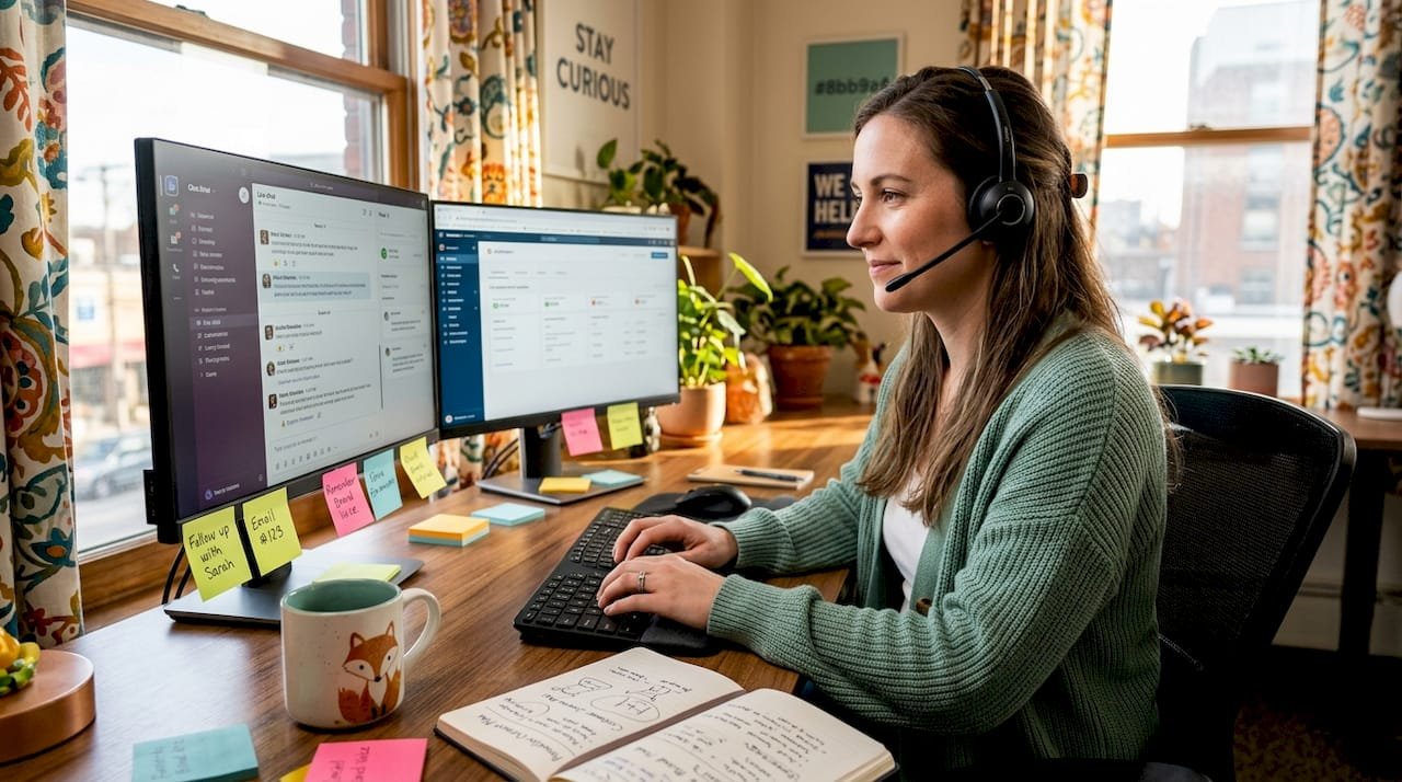 Customer support agent at workstation with headset