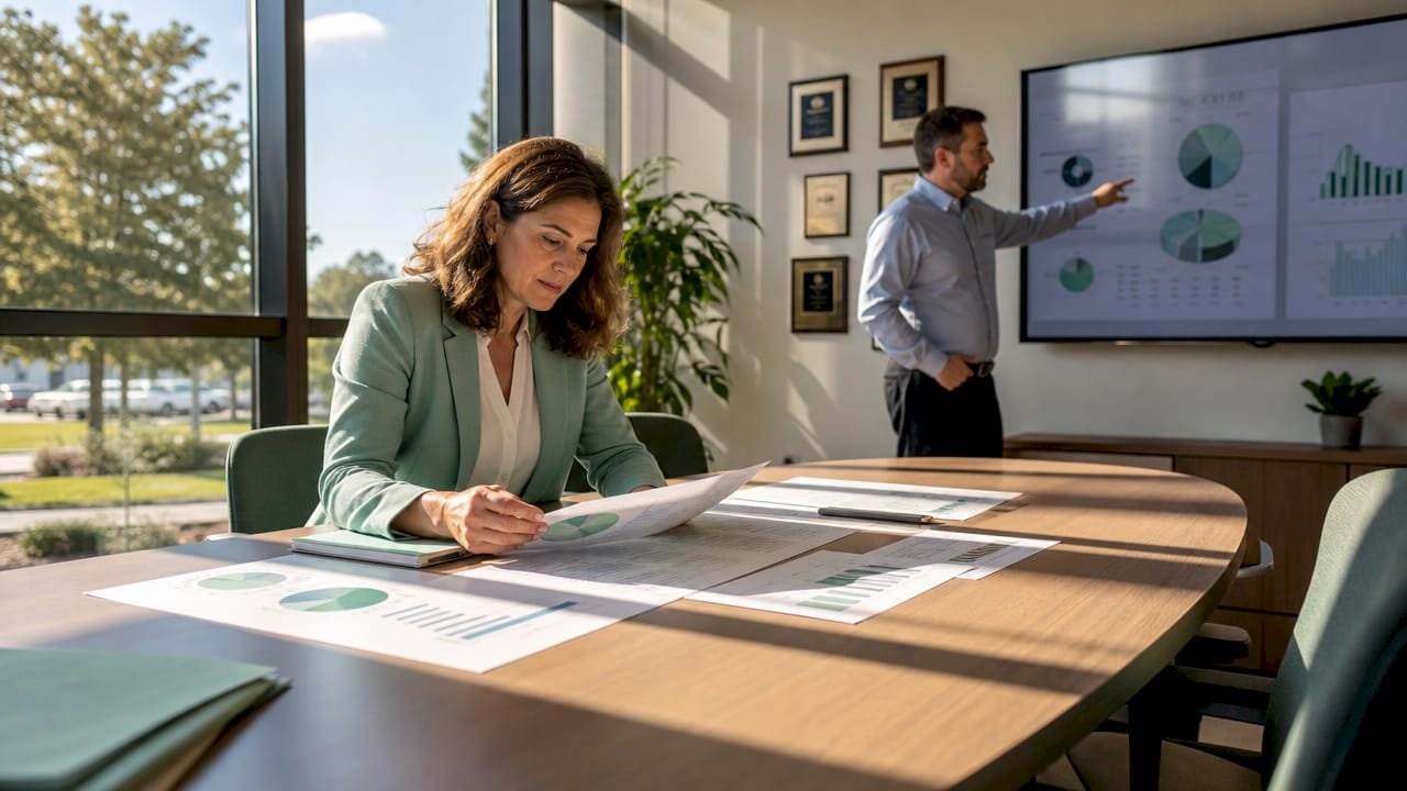 Healthcare manager reviewing operational data with colleague