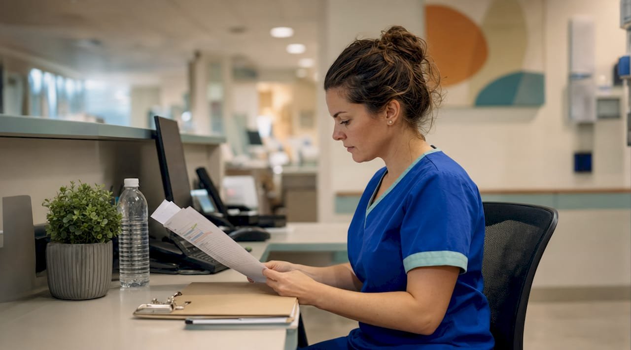 Nurse reviewing schedules at busy hospital desk