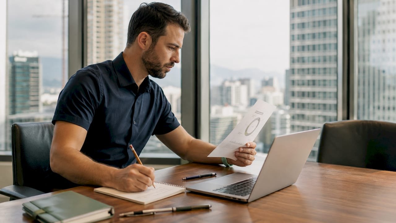 Facility manager reviewing integrated software reports