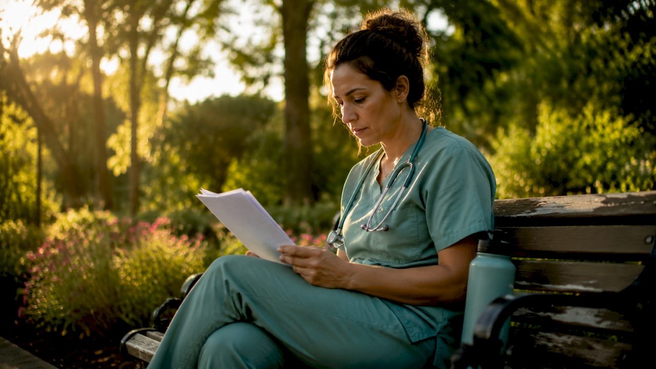 Clinician reviewing printed clinical checklist in exam room