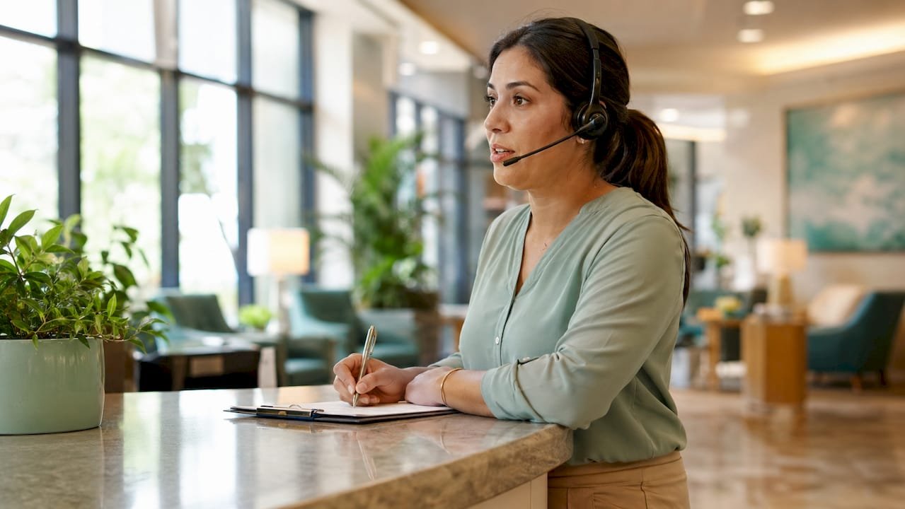 Admissions coordinator speaking on headset at desk
