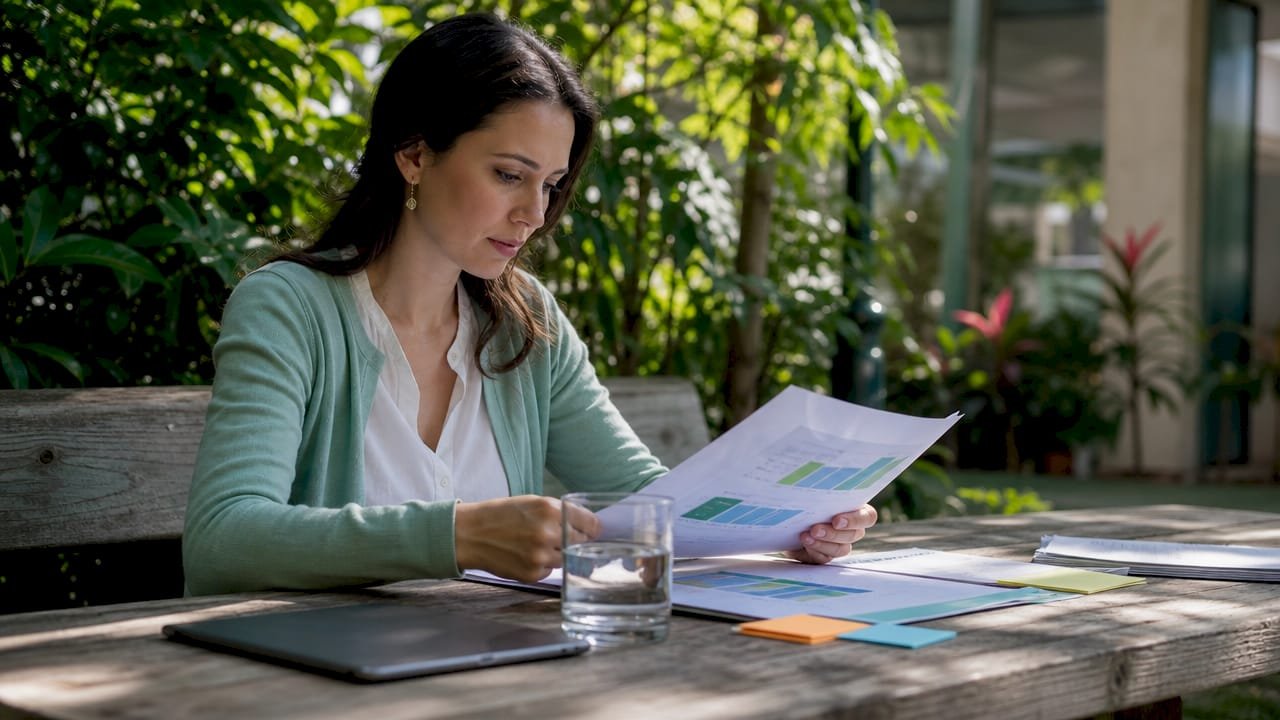 Healthcare marketer reviewing referral funnel materials